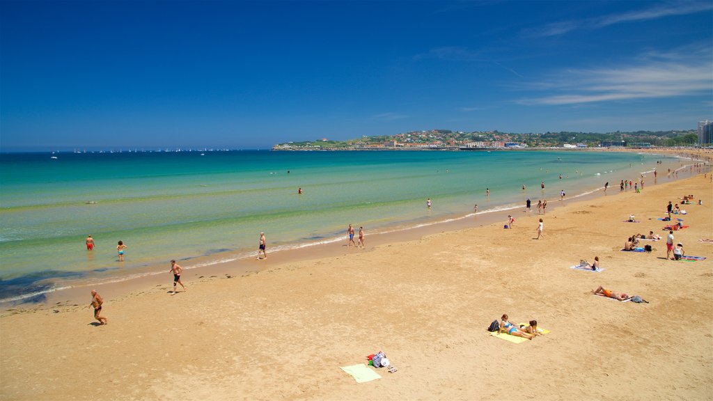 Playa de San Lorenzo mostrando vistas generales de la costa y una playa de arena y también un pequeño grupo de personas