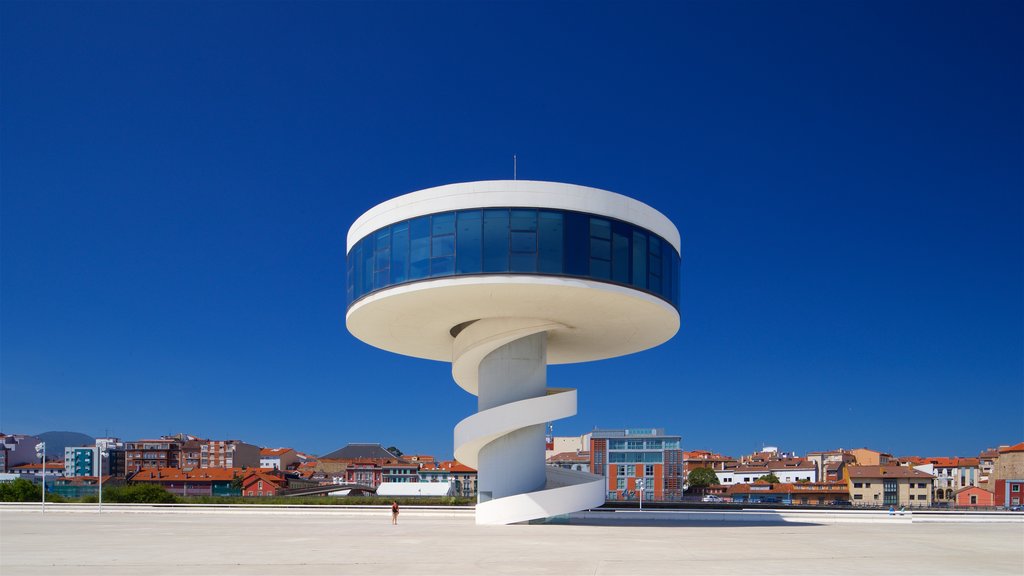 Oscar Niemeyer Cultural Centre showing modern architecture and a city