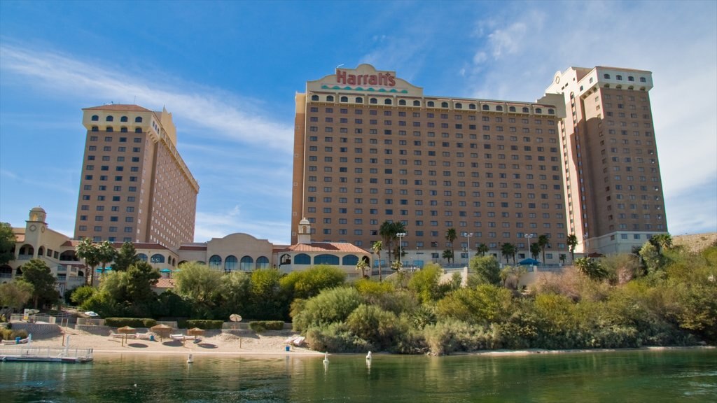 Laughlin showing a sandy beach and a city