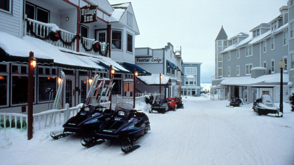 Isla Mackinac que incluye una pequeña ciudad o aldea, nieve y paseos en moto de nieve