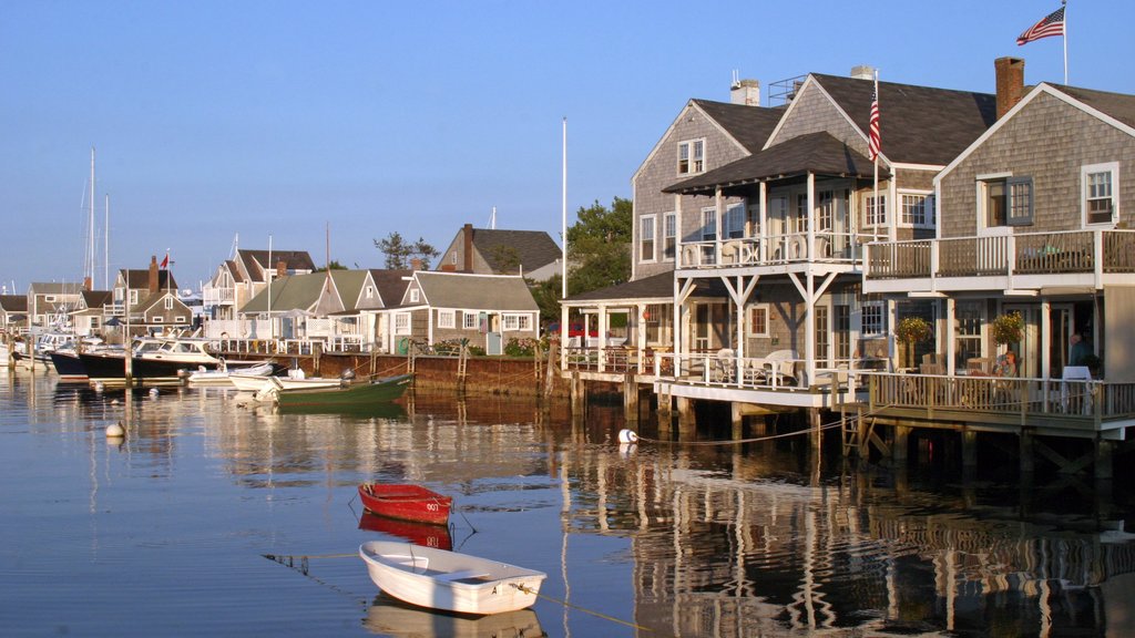 Nantucket showing a bay or harbour, a small town or village and a marina