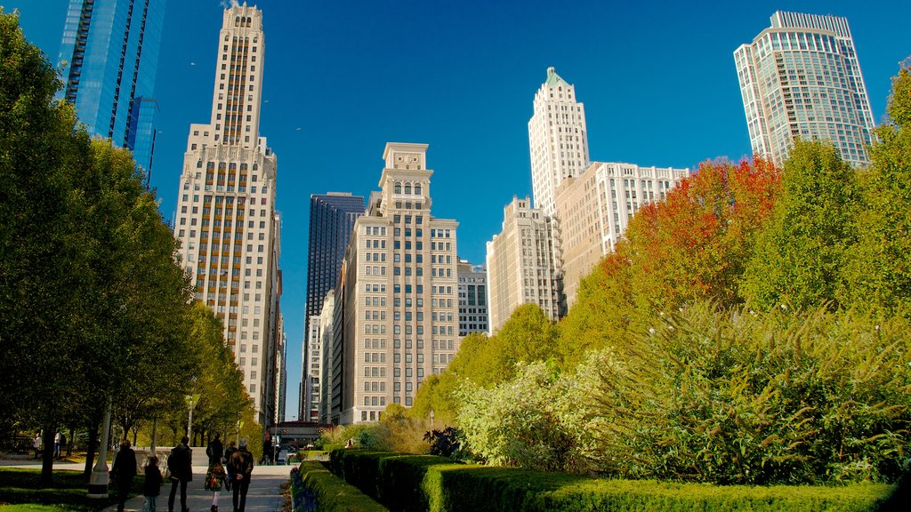 Millennium Park which includes a garden, a skyscraper and skyline