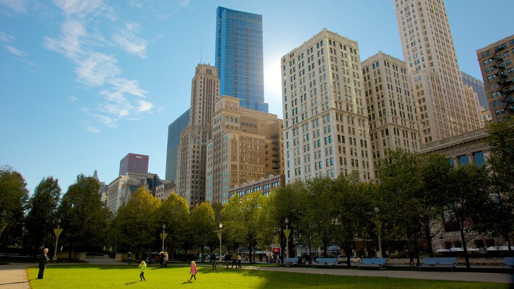 Millennium Park which includes modern architecture, a skyscraper and a city