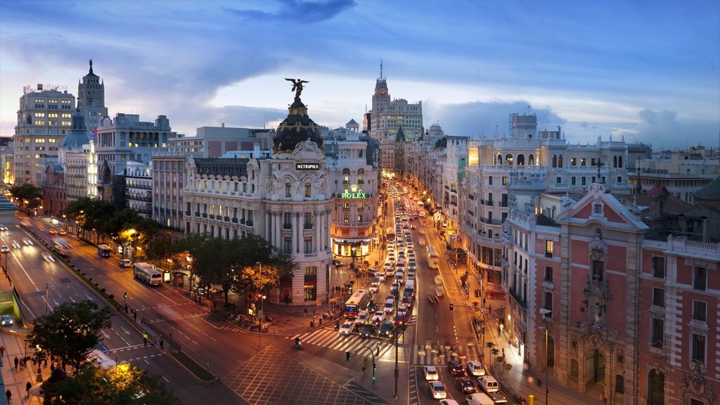 Gran Via showing night scenes, landscape views and a city