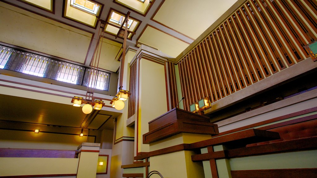 Unity Temple which includes a temple or place of worship, interior views and religious elements