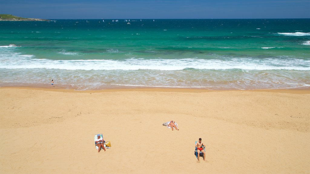 Playa El Sardinero ofreciendo una playa de arena y vistas generales de la costa y también un pequeño grupo de personas