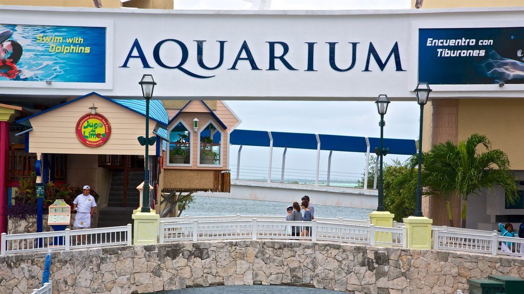 Cancun Interactive Aquarium which includes signage as well as a small group of people