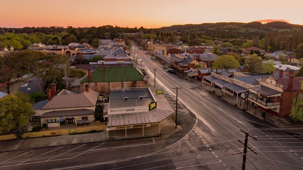 Beechworth featuring a sunset, landscape views and a small town or village