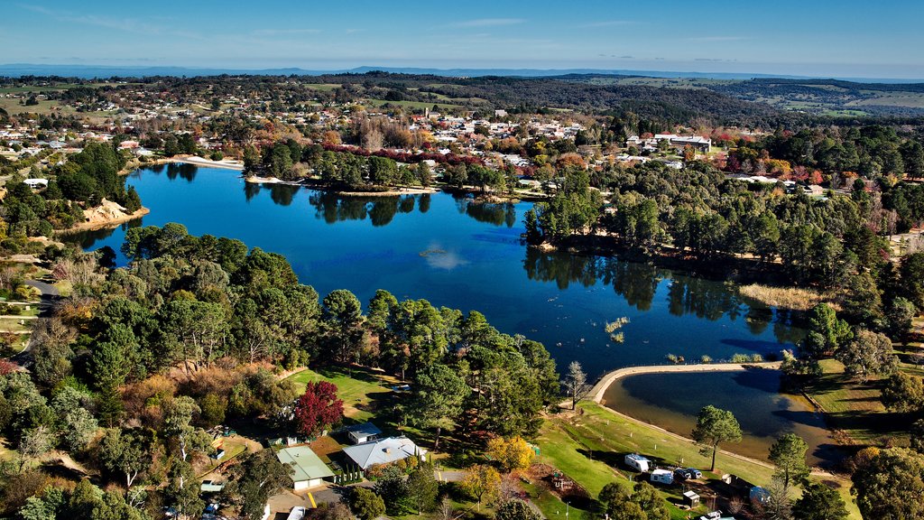 Beechworth que inclui uma cidade pequena ou vila, um lago ou charco e paisagem