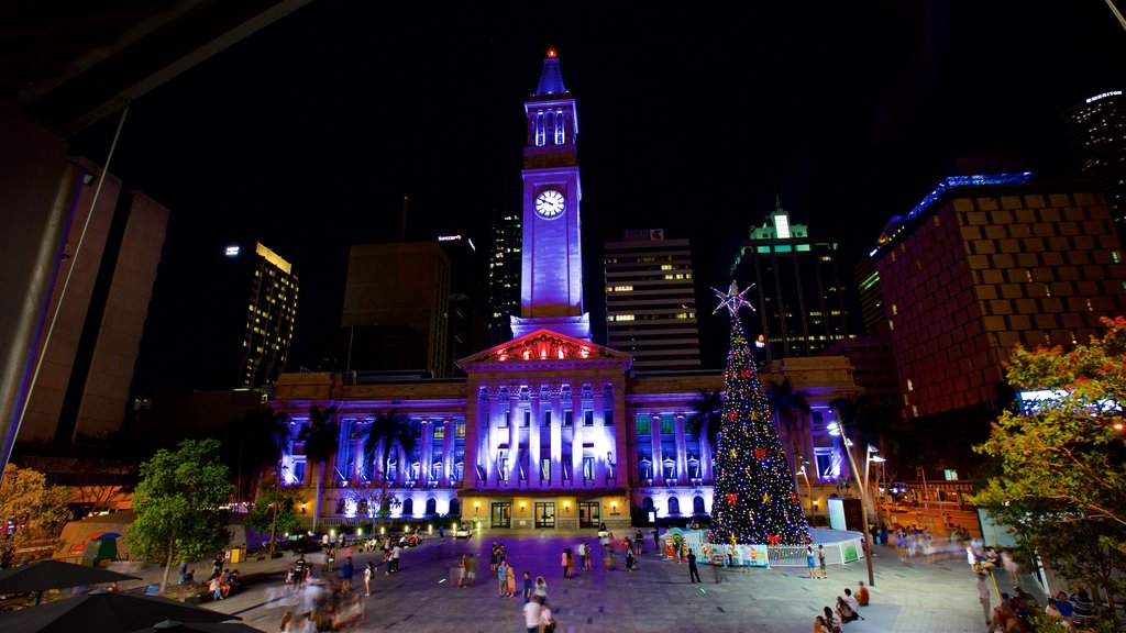 Brisbane City Hall featuring heritage architecture, night scenes and a square or plaza