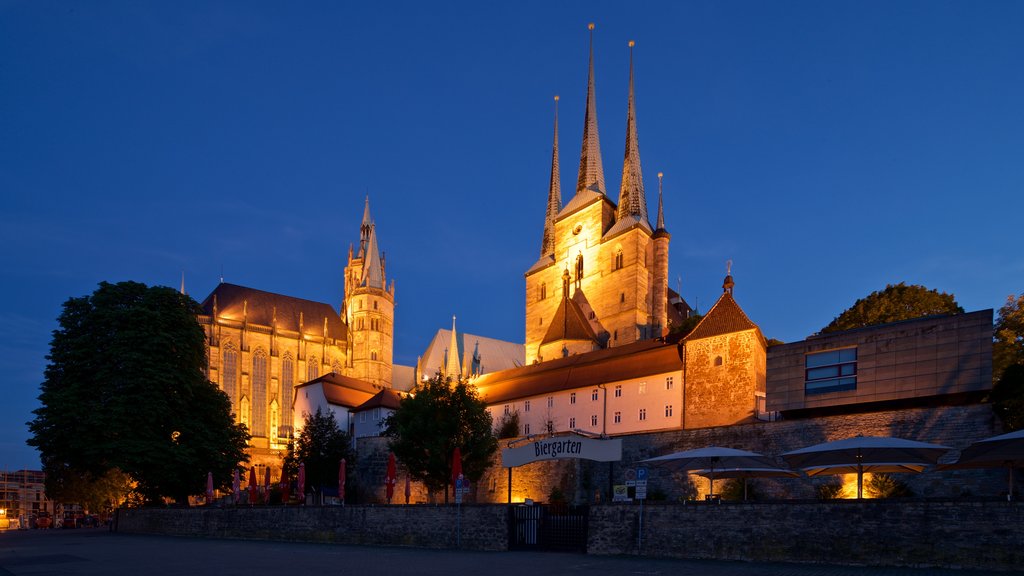 Catedral de Erfurt ofreciendo escenas nocturnas, una ciudad y patrimonio de arquitectura