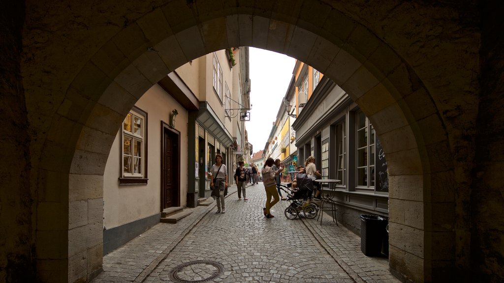 Krämerbrücke que incluye vista interna y imágenes de calles y también un pequeño grupo de personas