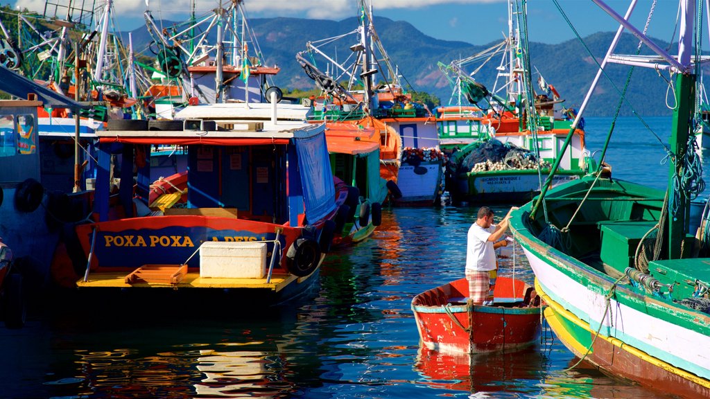 Angra dos Reis Port showing a bay or harbour as well as an individual male