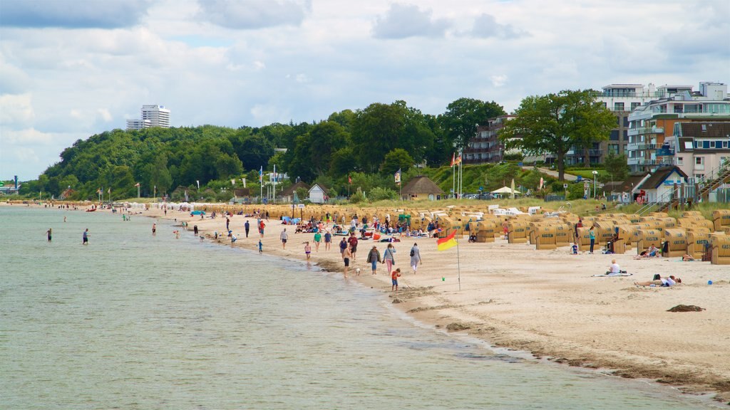 Scharbeutz mostrando uma praia de areia e paisagens litorâneas assim como um grande grupo de pessoas