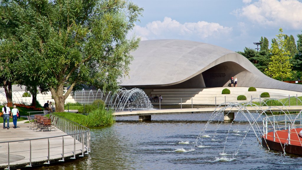 Volkswagen Autostadt Complex showing a fountain and modern architecture