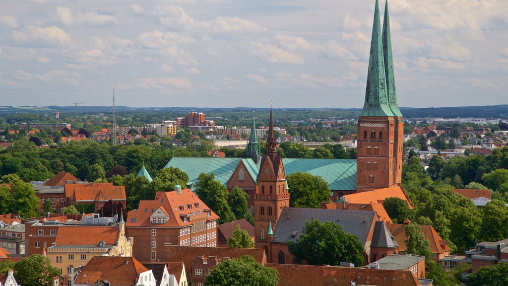 Petrikirche which includes a city, landscape views and heritage architecture