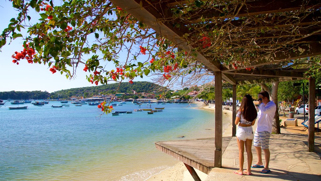 Playa Armacao ofreciendo una bahía o un puerto y vista general a la costa y también una pareja