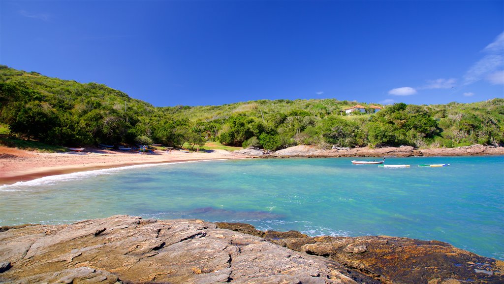 Forno Beach showing a sandy beach, general coastal views and rocky coastline