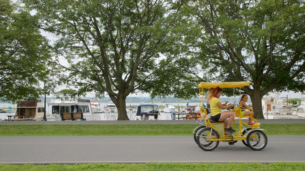 Onondaga Lake Park que incluye una bahía o un puerto y también una familia