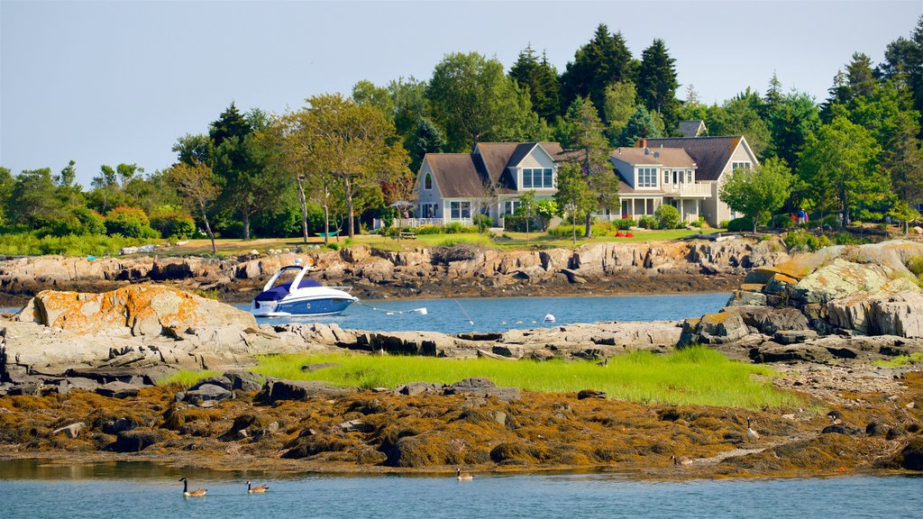 Bailey Island showing rugged coastline and a house