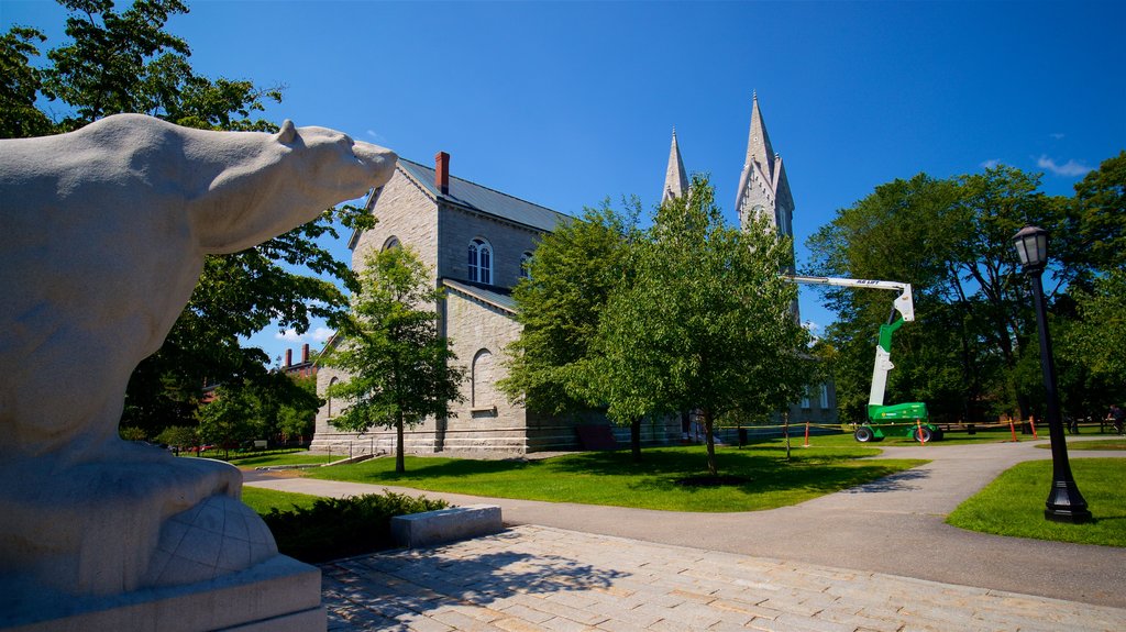 Bowdoin College featuring a church or cathedral and a garden