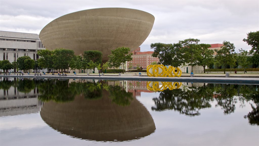 The Egg which includes modern architecture, outdoor art and a pond