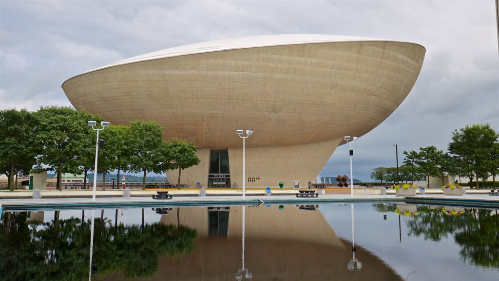 The Egg showing modern architecture and a pond