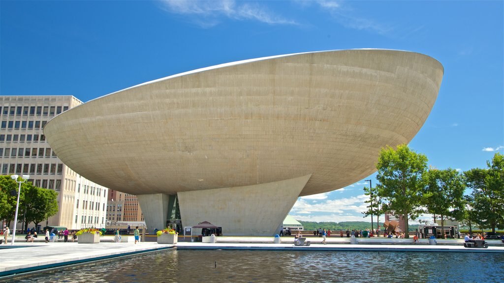 The Egg showing modern architecture and a pond