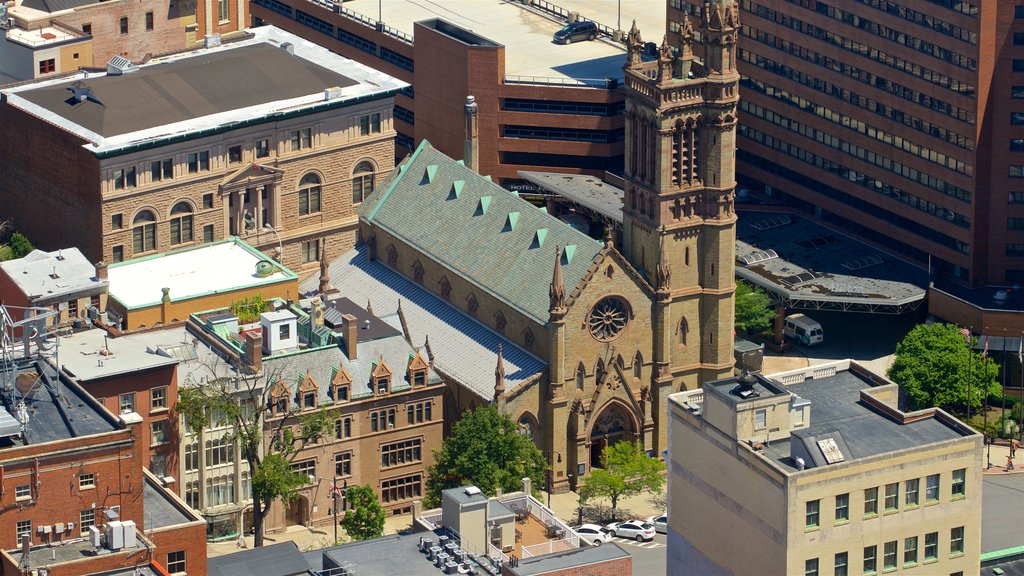 Corning Tower showing a church or cathedral, heritage architecture and a city