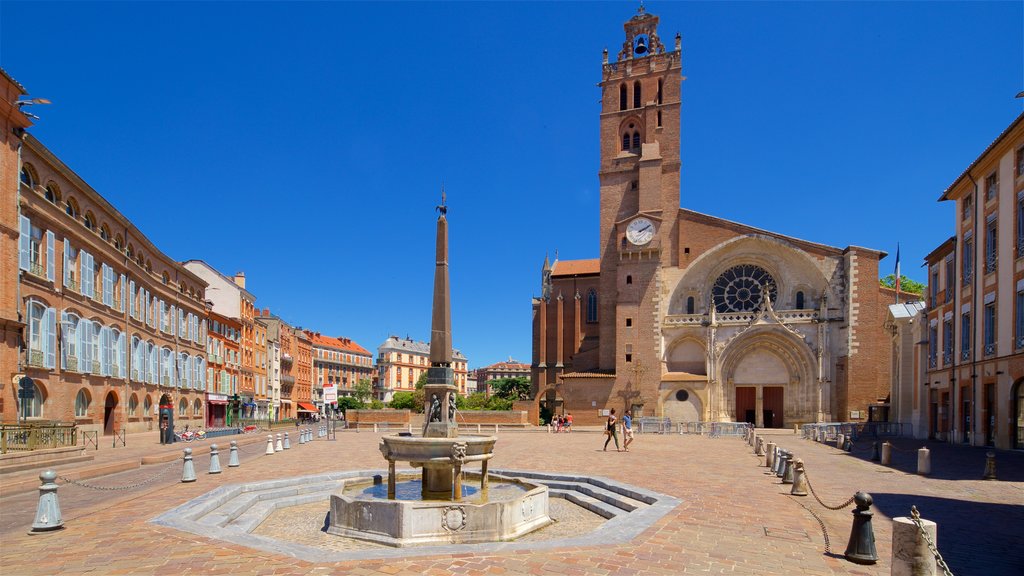 Saint Etienne Cathedrale showing a fountain, heritage architecture and a city