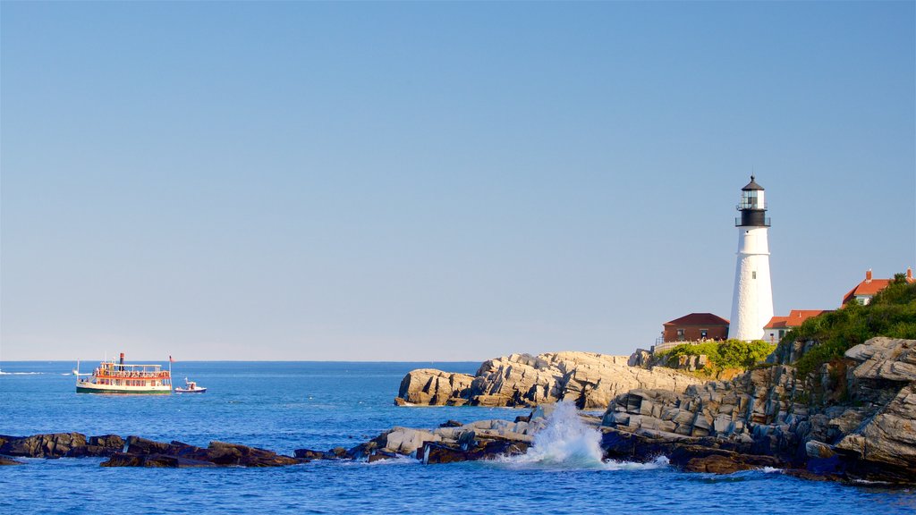 Portland Head Light showing general coastal views, boating and rugged coastline