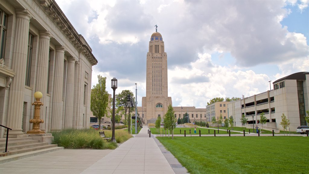 Nebraska State Capitol featuring a garden, an administrative building and heritage architecture