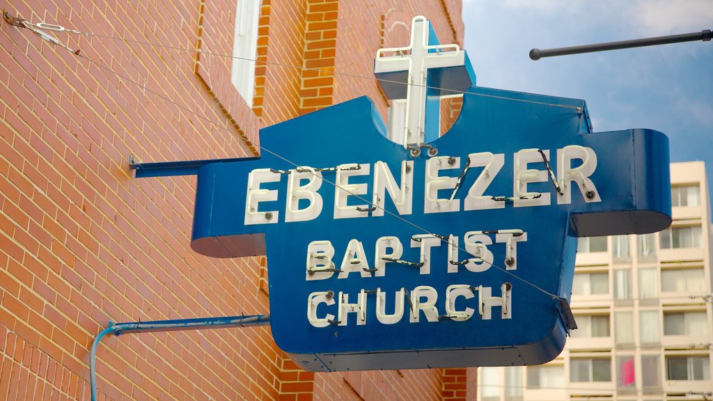 Martin Luther King Jr. National Historic Site featuring a church or cathedral, religious aspects and signage