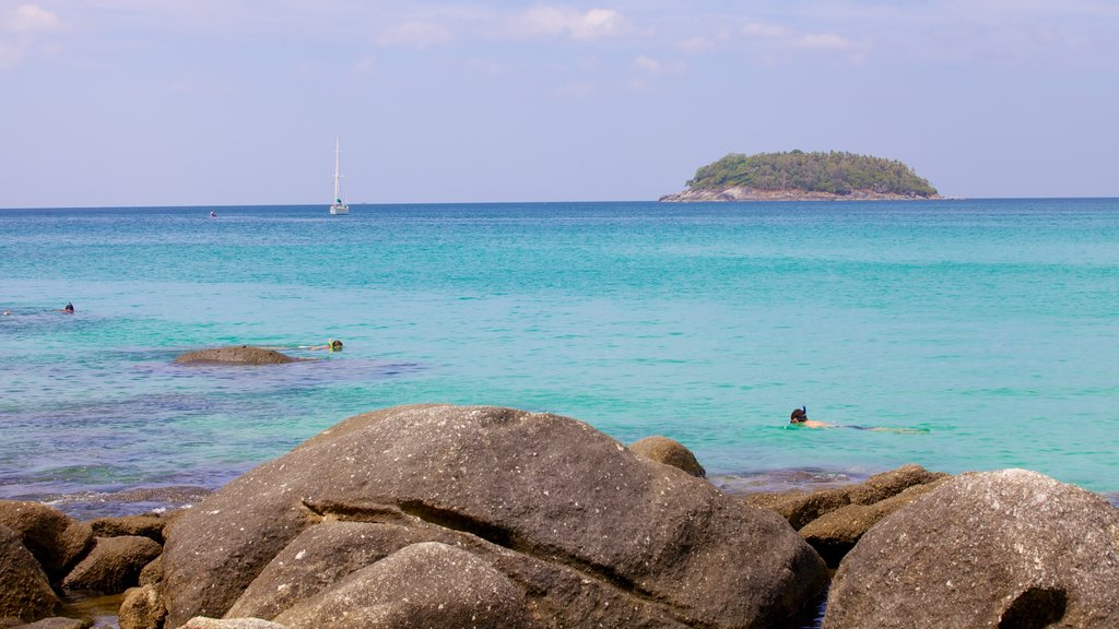 Kata Noi Beach showing rugged coastline, island views and landscape views