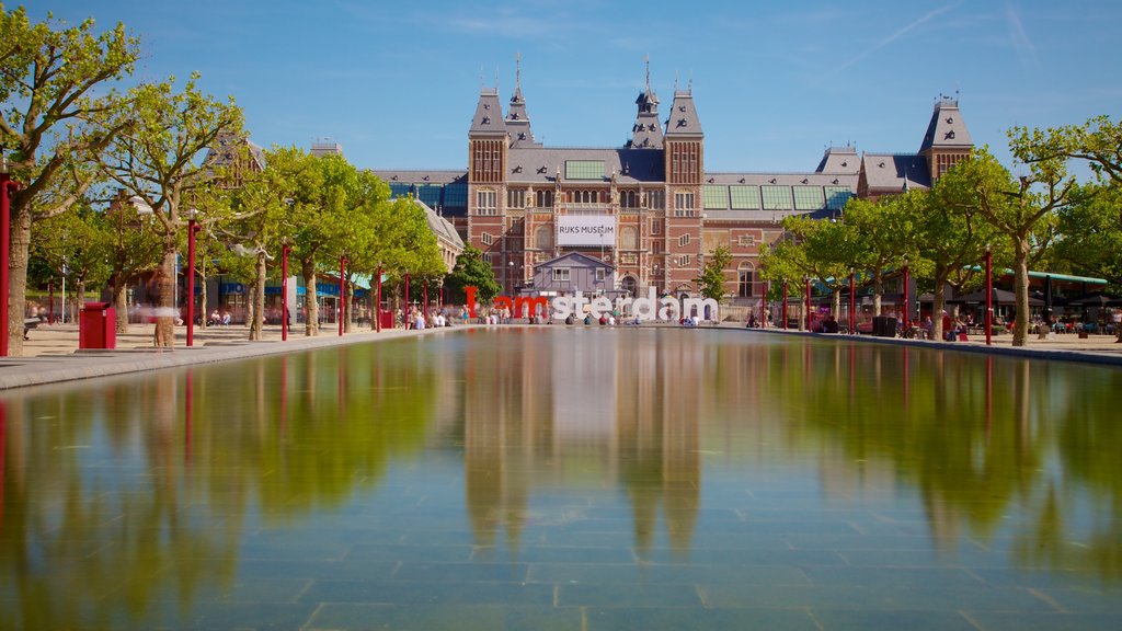 Rijksmuseum showing a pond, views and a city