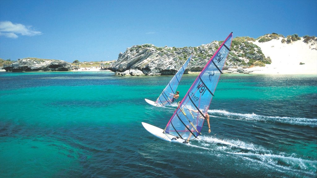 Rottnest Island which includes windsurfing, island images and rocky coastline