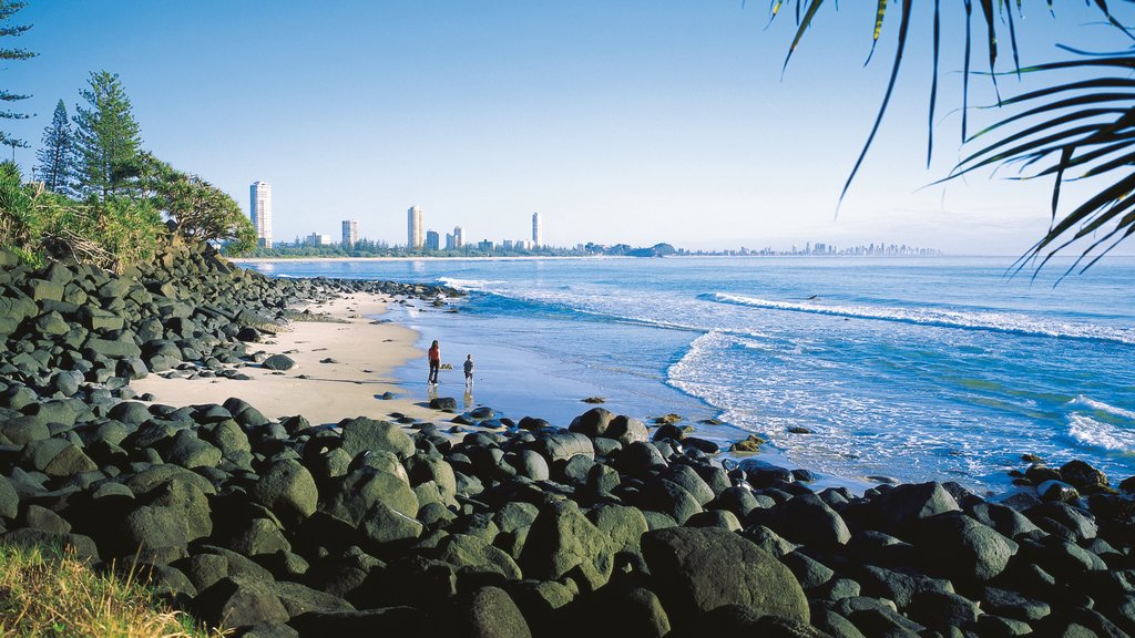 Burleigh Beach which includes general coastal views, waves and rugged coastline