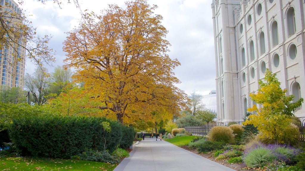 Salt Lake Temple featuring a garden, a city and religious aspects