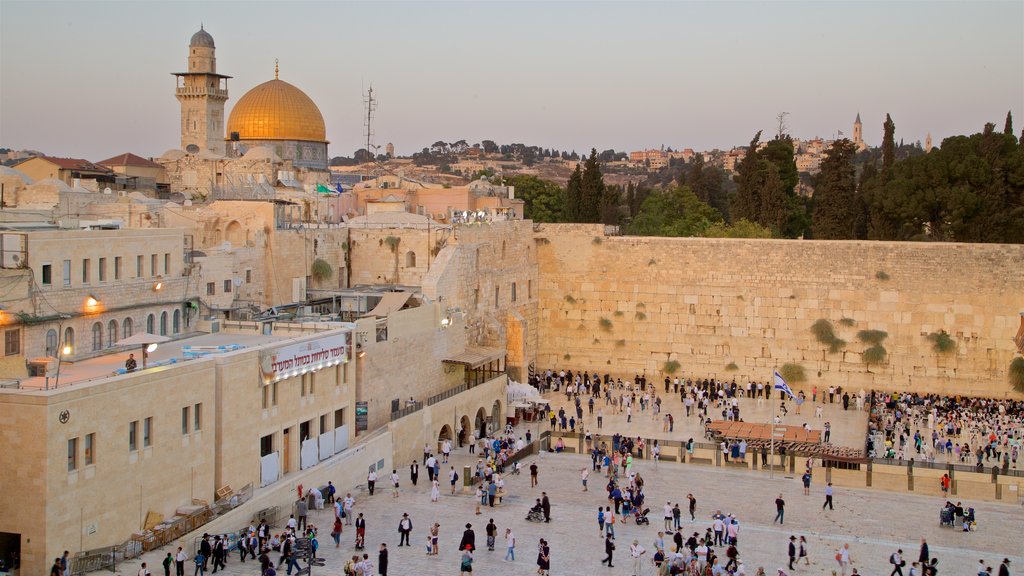 Western Wall showing a square or plaza, a city and landscape views