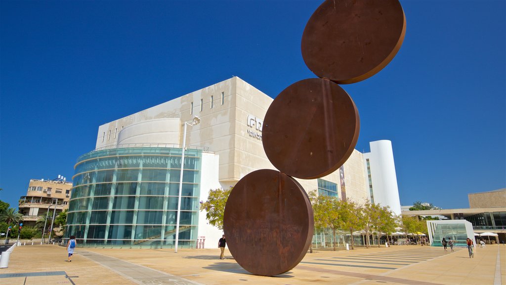 Habima Theatre showing outdoor art, a city and a square or plaza