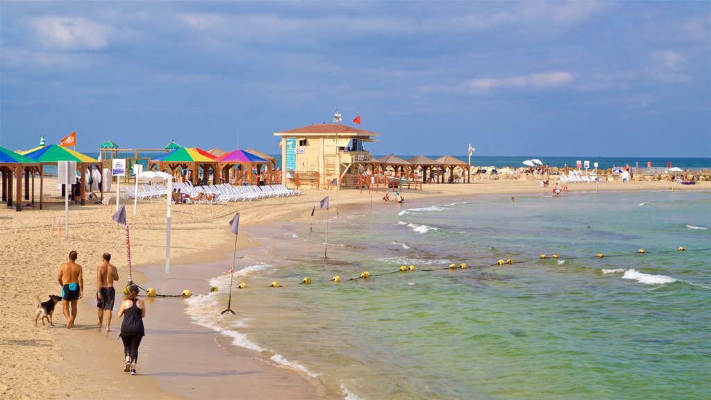 Lahat Promenade which includes general coastal views and a sandy beach as well as a small group of people