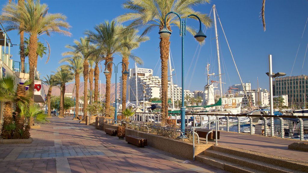 Puerto de Eilat que incluye una bahía o un puerto, jardín y un hotel de lujo o resort