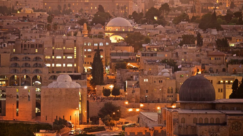 Mount of Olives showing a city, night scenes and landscape views