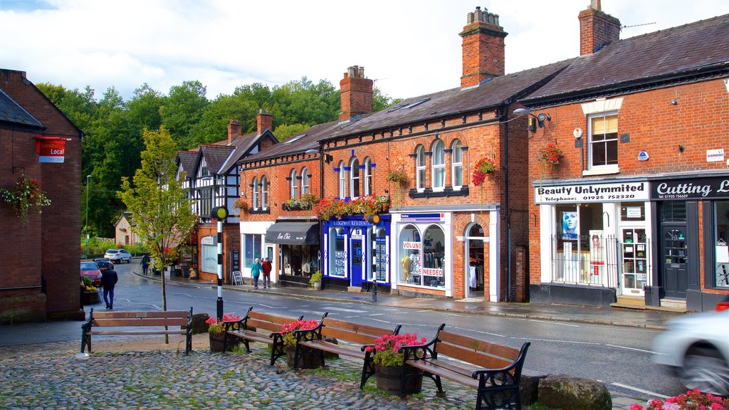 Lymm which includes a small town or village and flowers