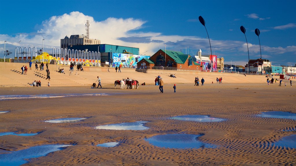 Playa de Blackpool mostrando una ciudad costera, una playa de arena y vista general a la costa