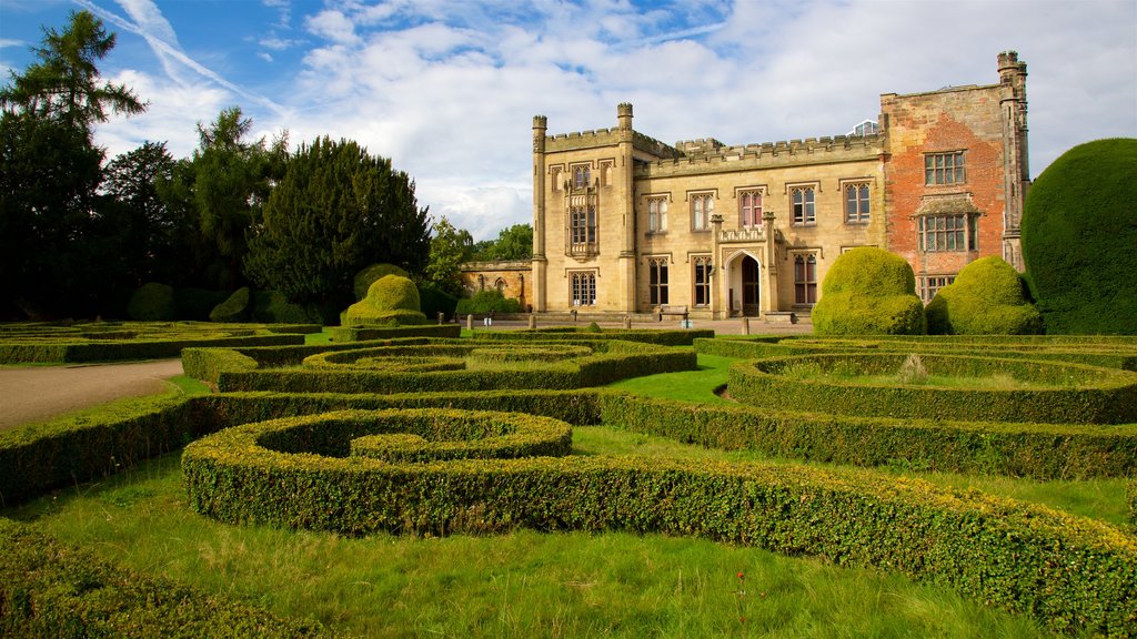 Elvaston Castle featuring a garden, a castle and heritage architecture