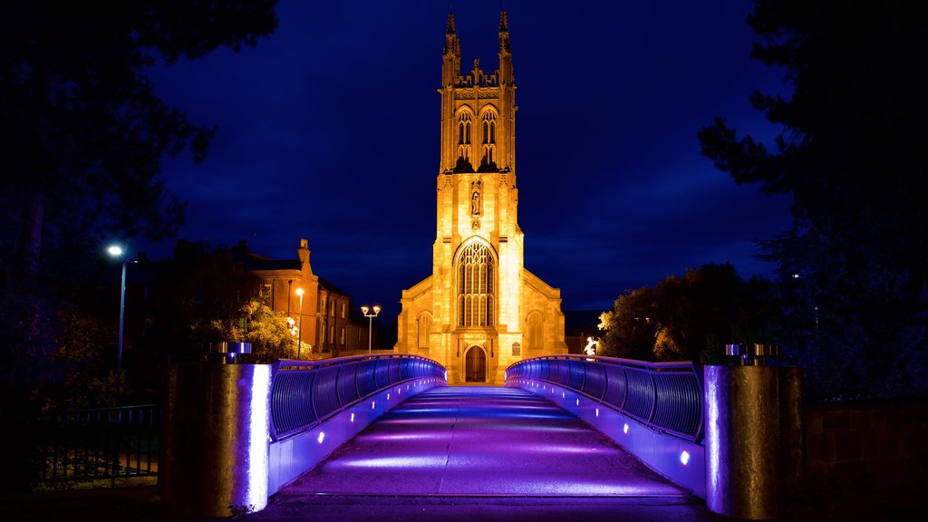 Derby which includes a bridge, night scenes and heritage architecture