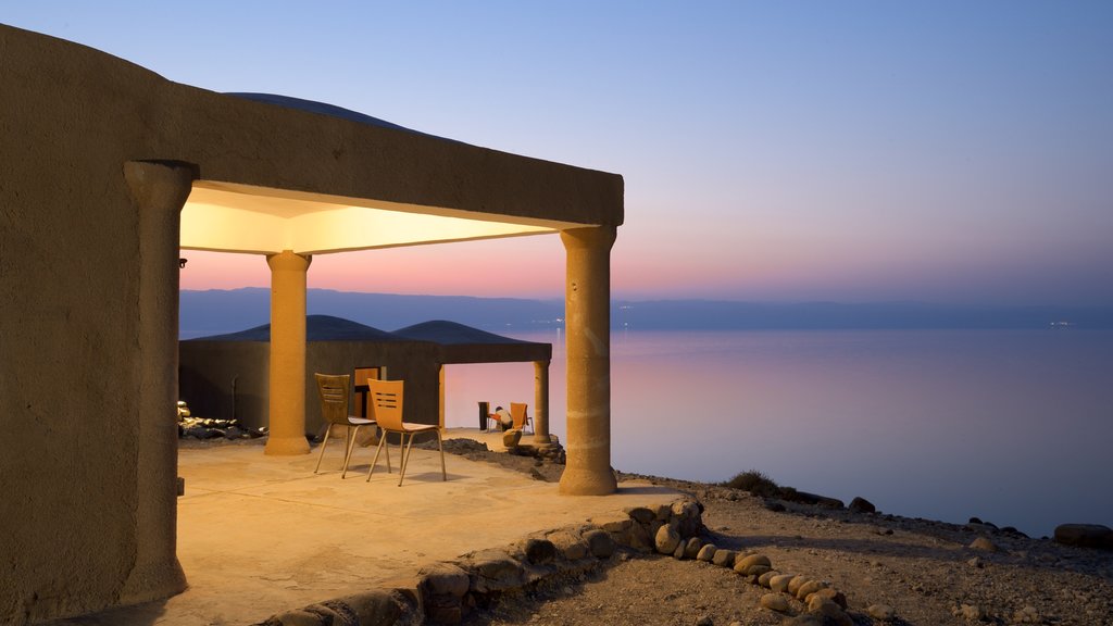 Mujib Nature Reserve showing general coastal views, a sunset and a house