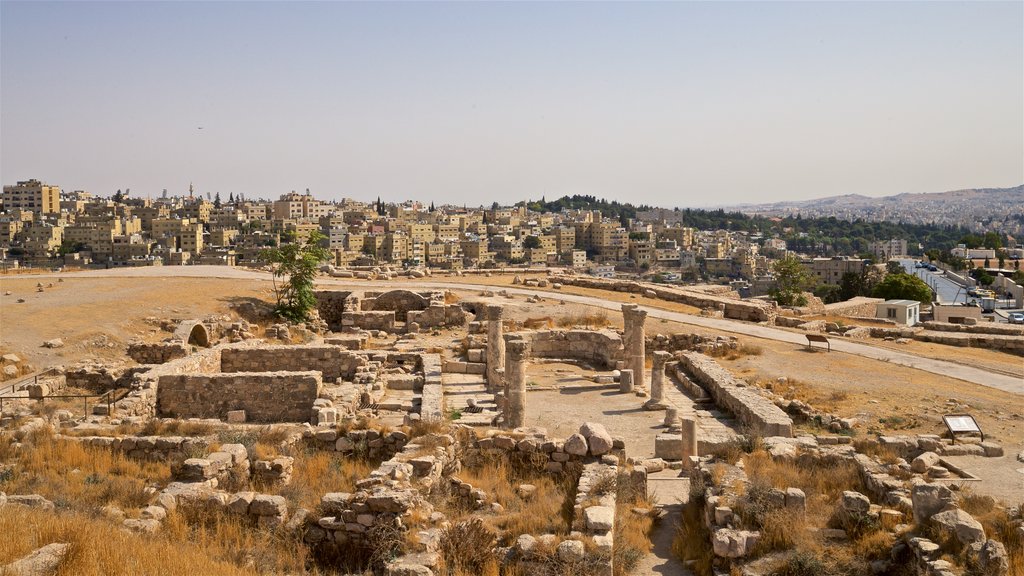 Ciudadela de Amán que incluye vista panorámica, una ruina y elementos patrimoniales