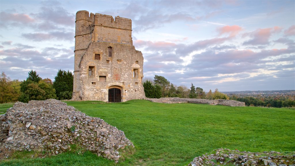 Donnington Castle ofreciendo ruinas de un edificio, vista panorámica y elementos patrimoniales